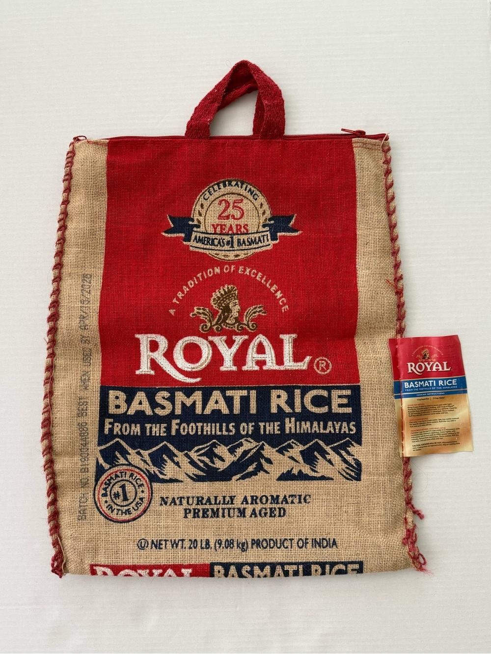 Upcycled Royal Basmati Rice Burlap Bag Zipper Tote - Eco Friendly
